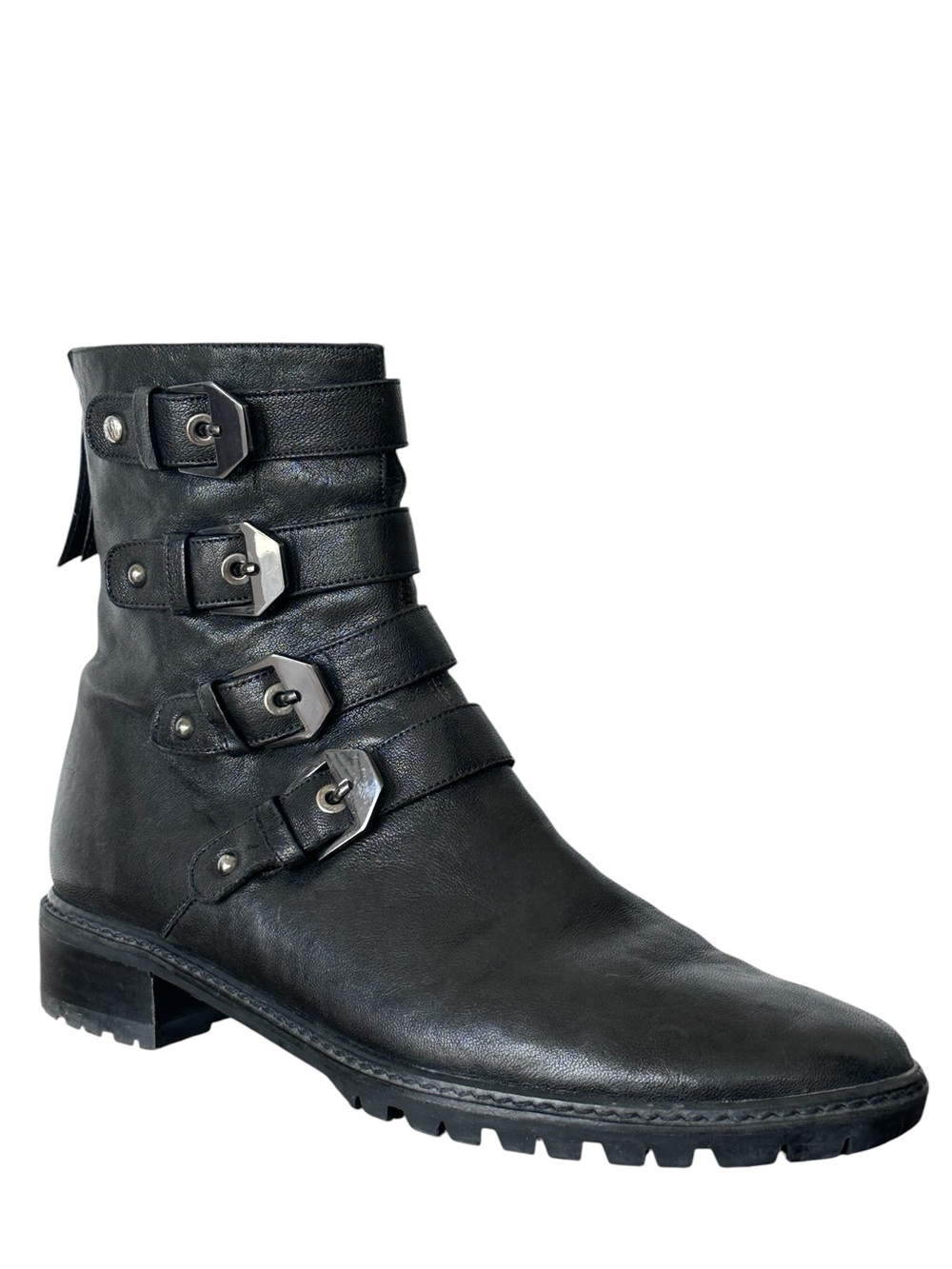 Stuart Weitzman Jitterbug Buttery Black Leather Multi-Buckle Moto Boot Size 9.5